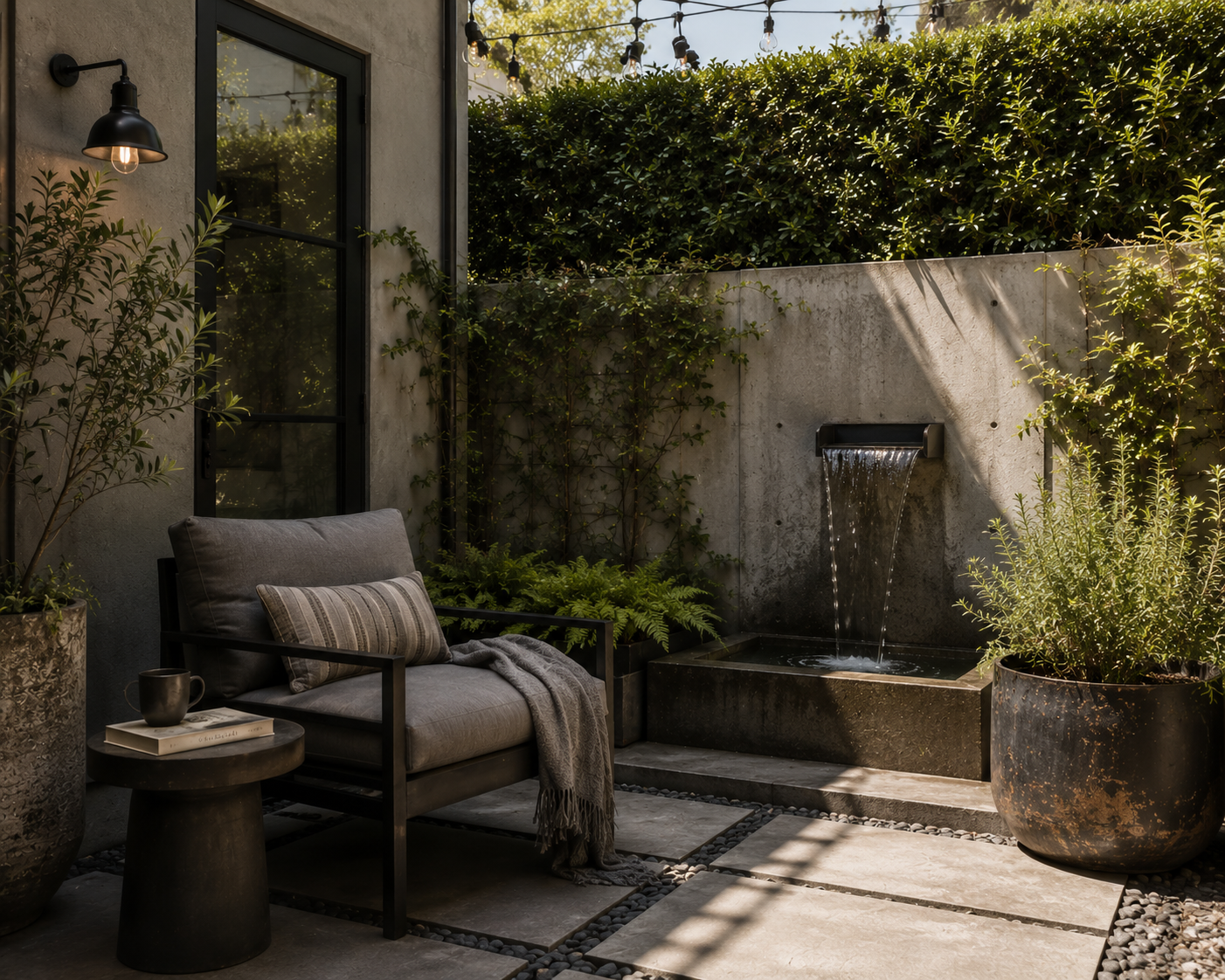 modern los angeles outdoor reading corner with dark seating, water feature, stone pavers, and lush privacy planting