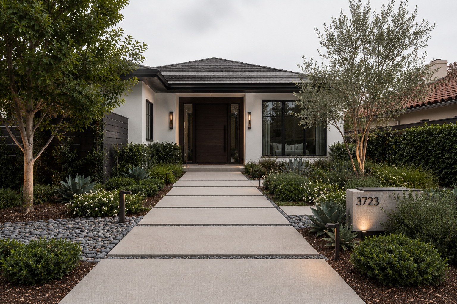 Contemporary Los Angeles front yard with oversized concrete pavers, minimalist planting design, and modern landscape details
