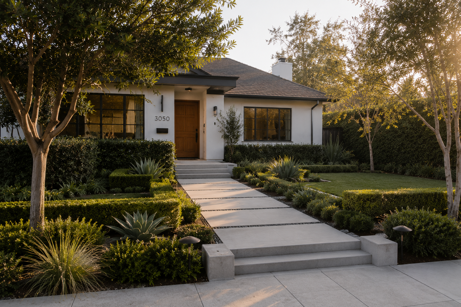 Modern Los Angeles front yard design with geometric concrete pathways, structured planting beds, and drought-conscious landscaping
