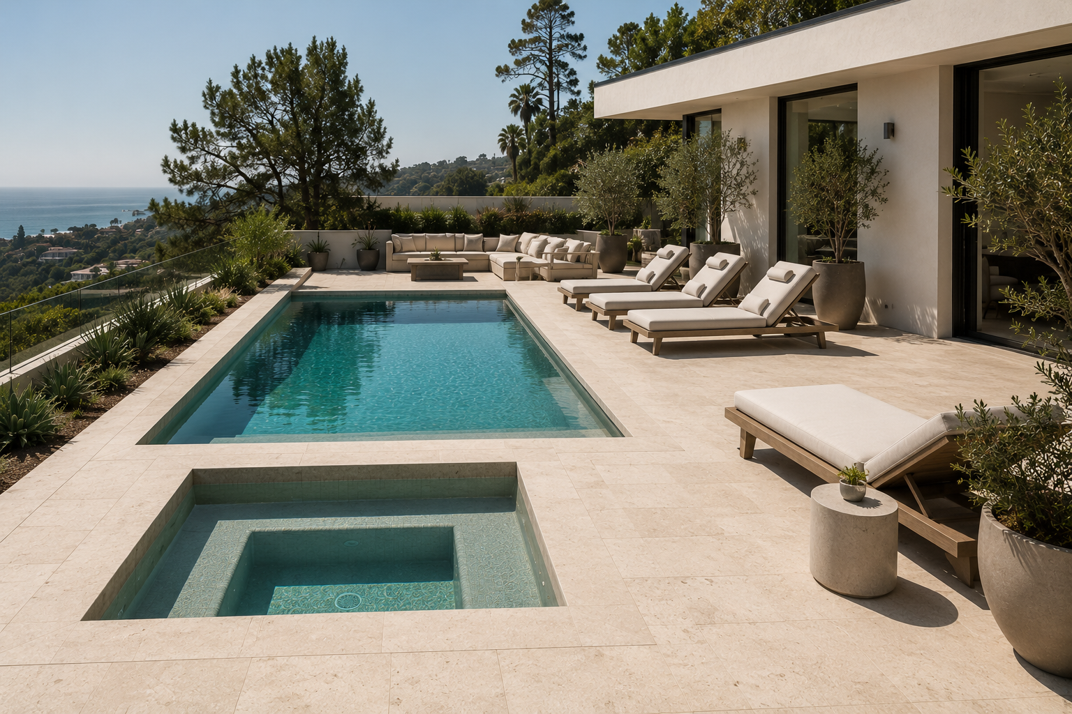 modern los angeles travertine pool deck with minimalist lounge chairs, hillside views, and clean-lined landscaping surrounding a rectangular pool and spa