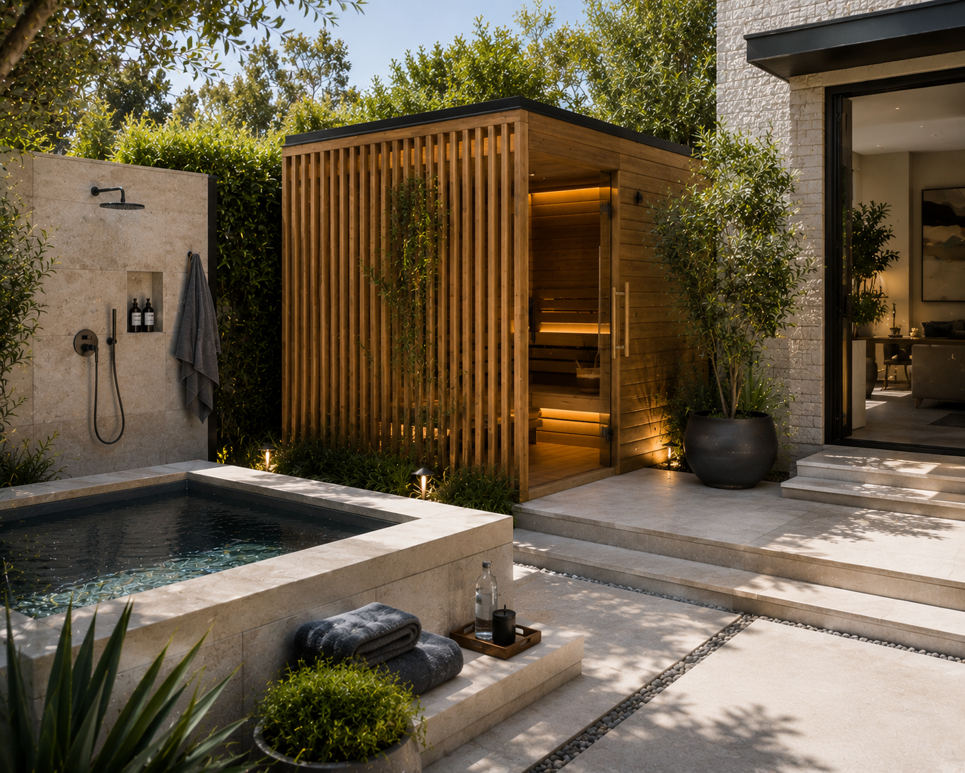 contemporary los angeles backyard sauna with integrated cold plunge, outdoor shower, and minimalist landscape design