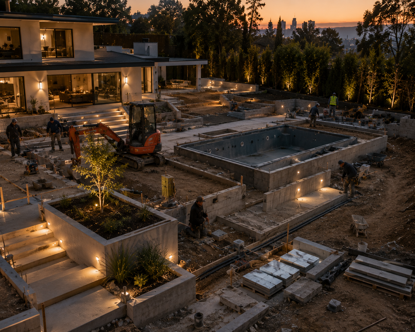 los angeles large backyard construction project with pool shell, retaining walls, lighting, excavation equipment, and coordinated site work at dusk