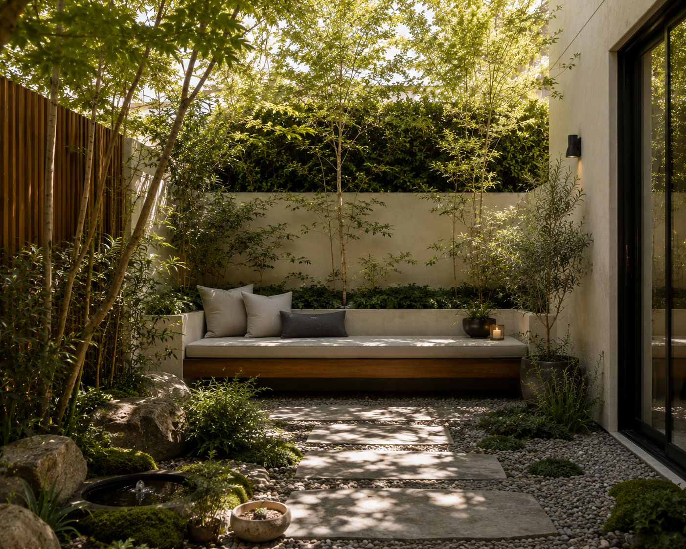 minimal los angeles meditation garden with built-in bench seating, stone pathway, and layered greenery creating a secluded retreat
