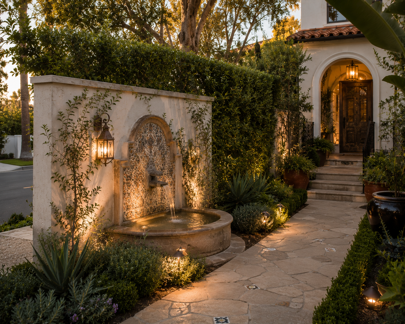 spanish-style los angeles front yard fountain with decorative tile detailing, stone pathways, and landscaped greenery illuminated by warm outdoor lighting