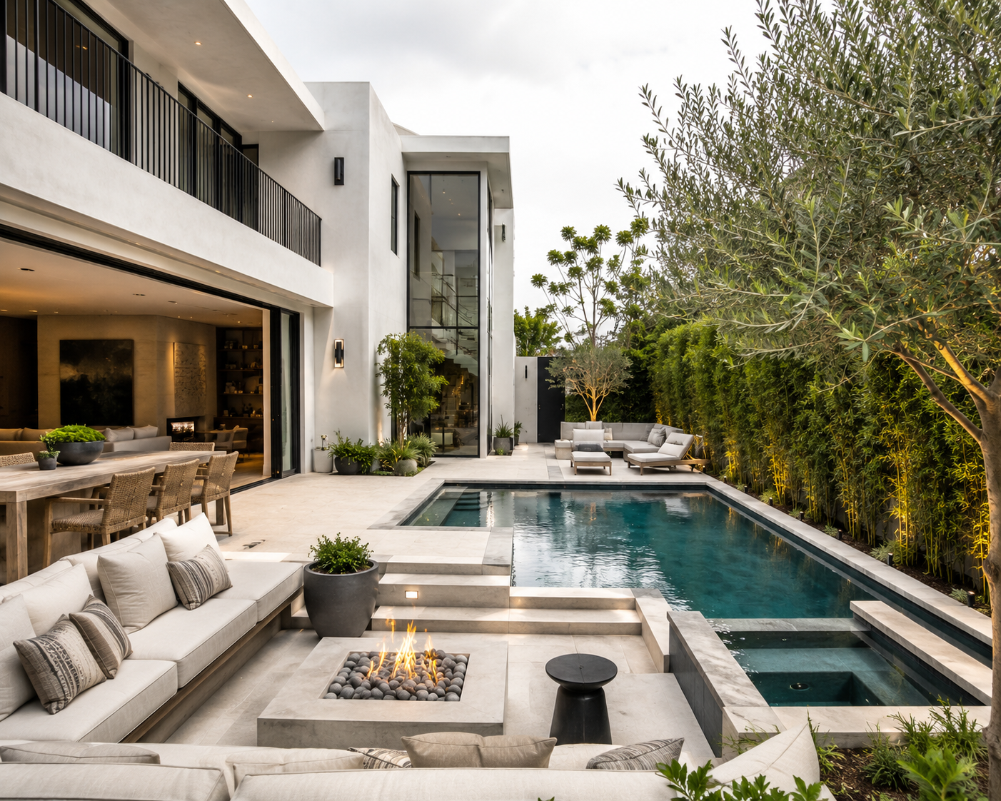 Contemporary Los Angeles backyard design featuring a modern pool, integrated fire feature, privacy planting, and seamless indoor-outdoor architecture