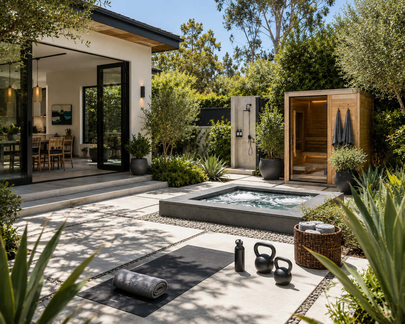 modern los angeles backyard wellness space with outdoor sauna, spa plunge pool, fitness area, and landscaped garden connected to indoor living spaces