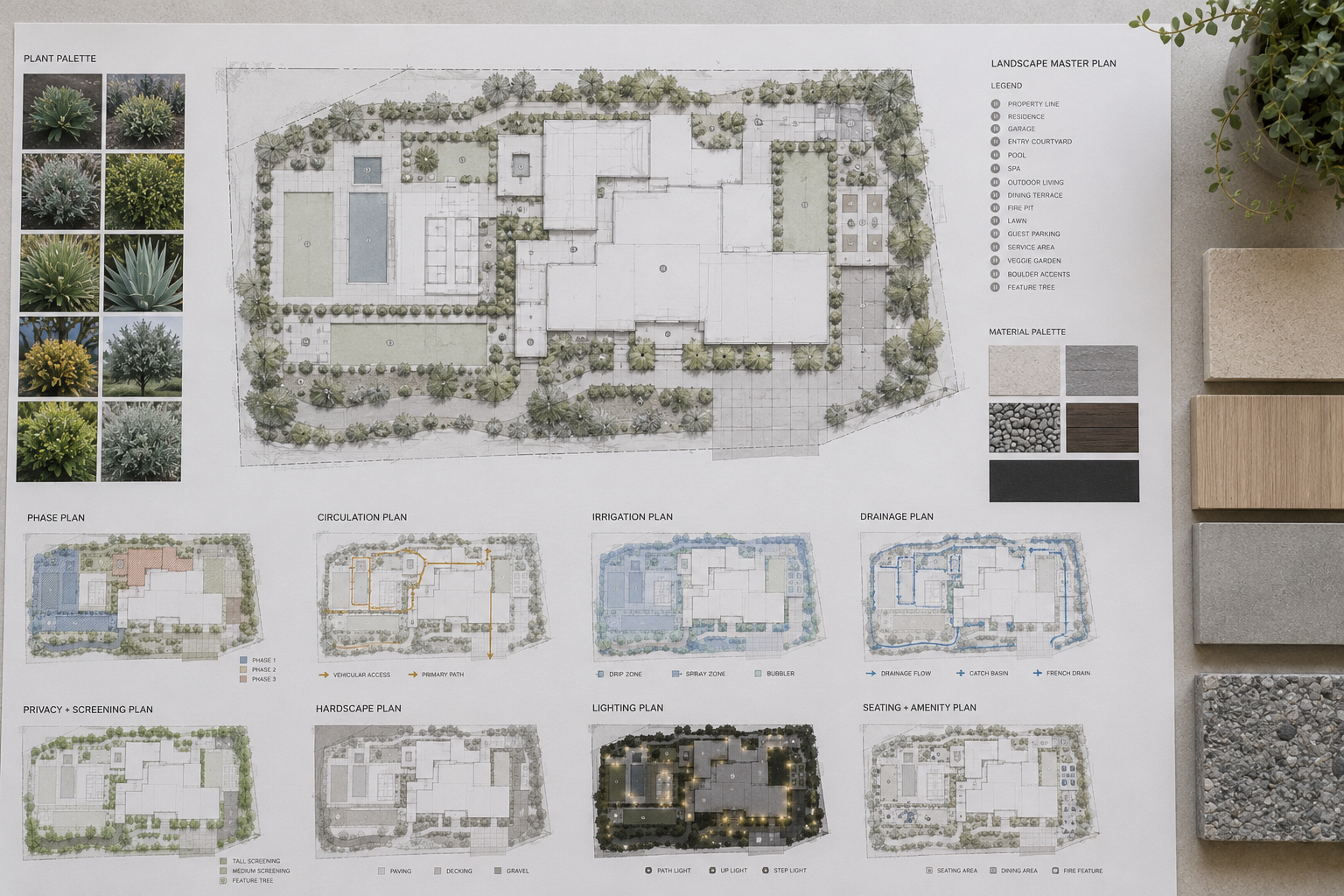 los angeles landscape master plan with plant palette, material samples, drainage layout, lighting plan, and outdoor living design details