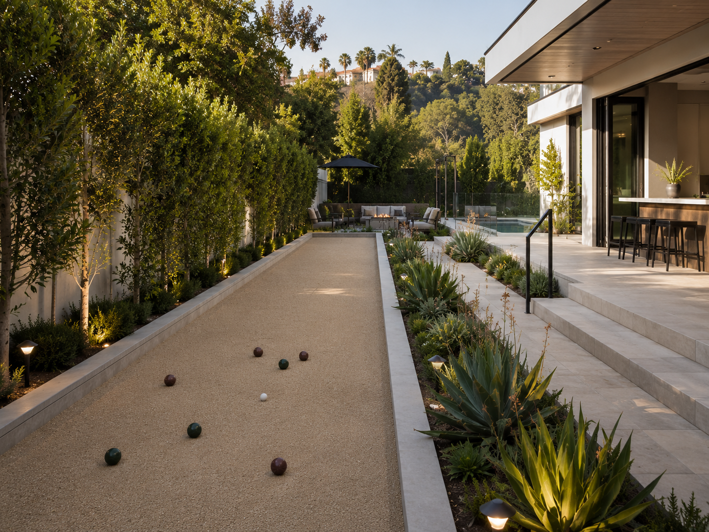 modern los angeles narrow backyard bocce court with layered landscaping, contemporary architecture, and a lounge area extending toward a pool terrace