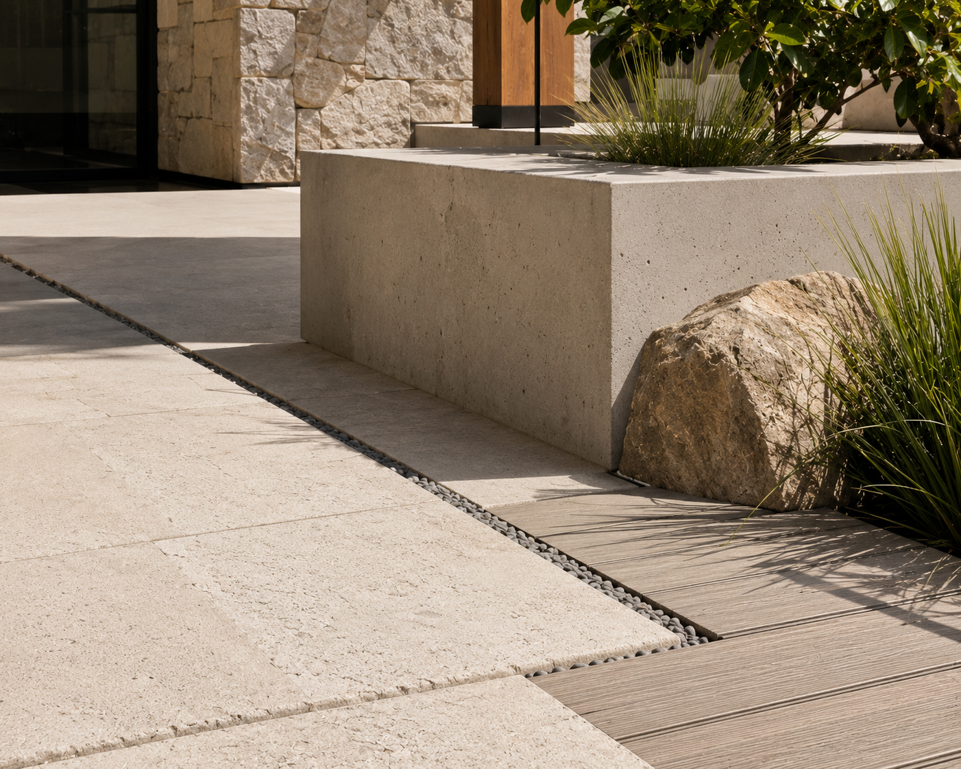 Los Angeles backyard material palette featuring natural stone paving, textured concrete, wood accents, and modern hardscape details