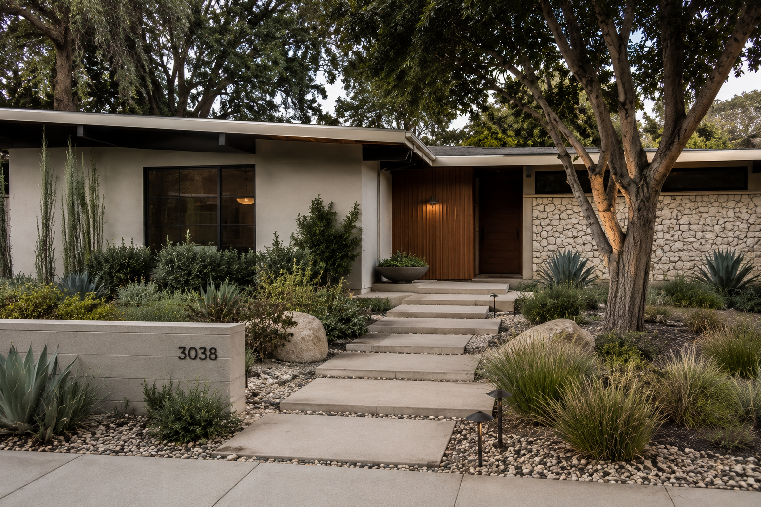 Los Angeles front yard landscape featuring natural stone, gravel, drought-friendly planting, and modern material combinations for curb appeal