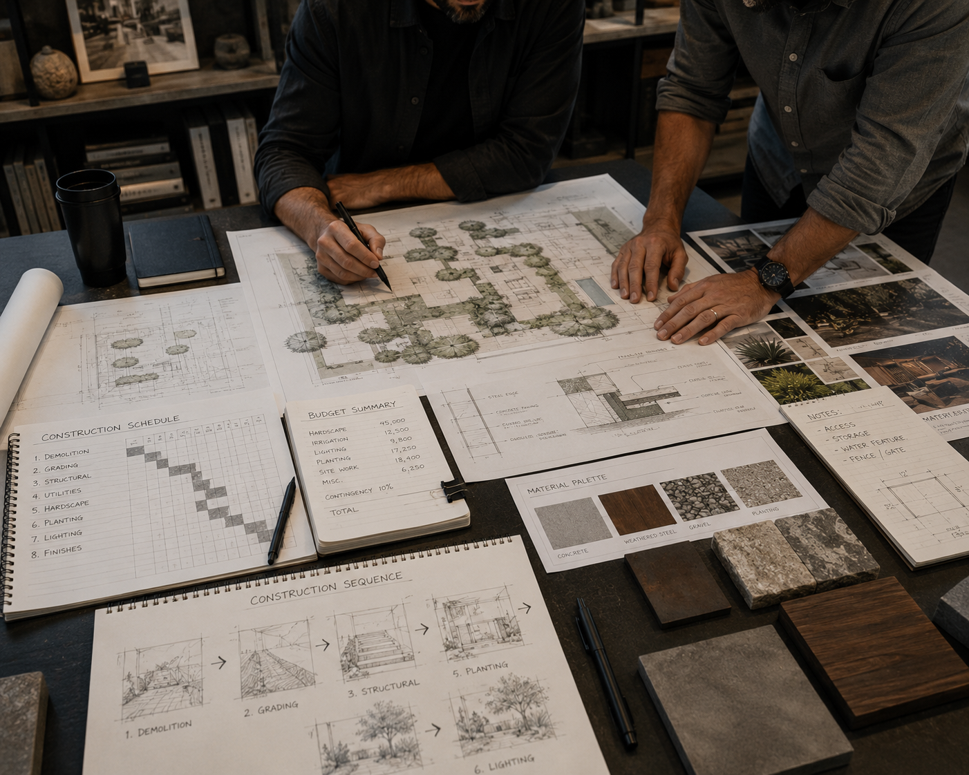 Los Angeles landscape project planning documents with construction schedule, budget details, material samples, and phased design plans