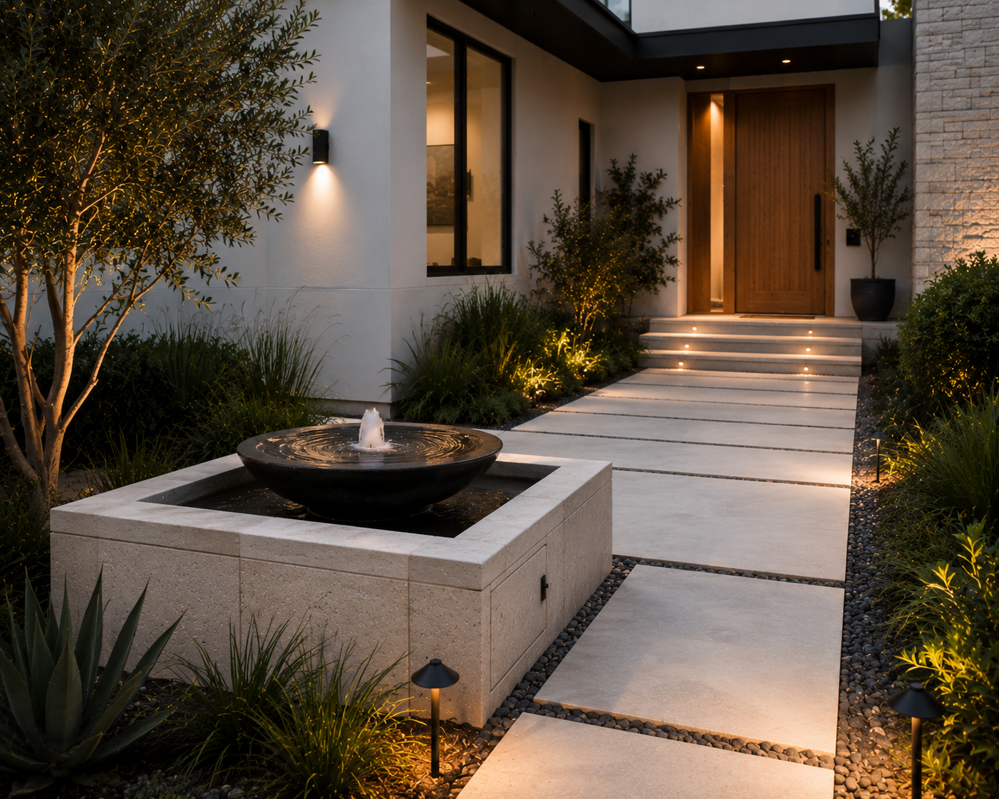 contemporary los angeles front yard water feature with a black bowl fountain, illuminated stone walkway, and minimalist landscaping near the home entrance