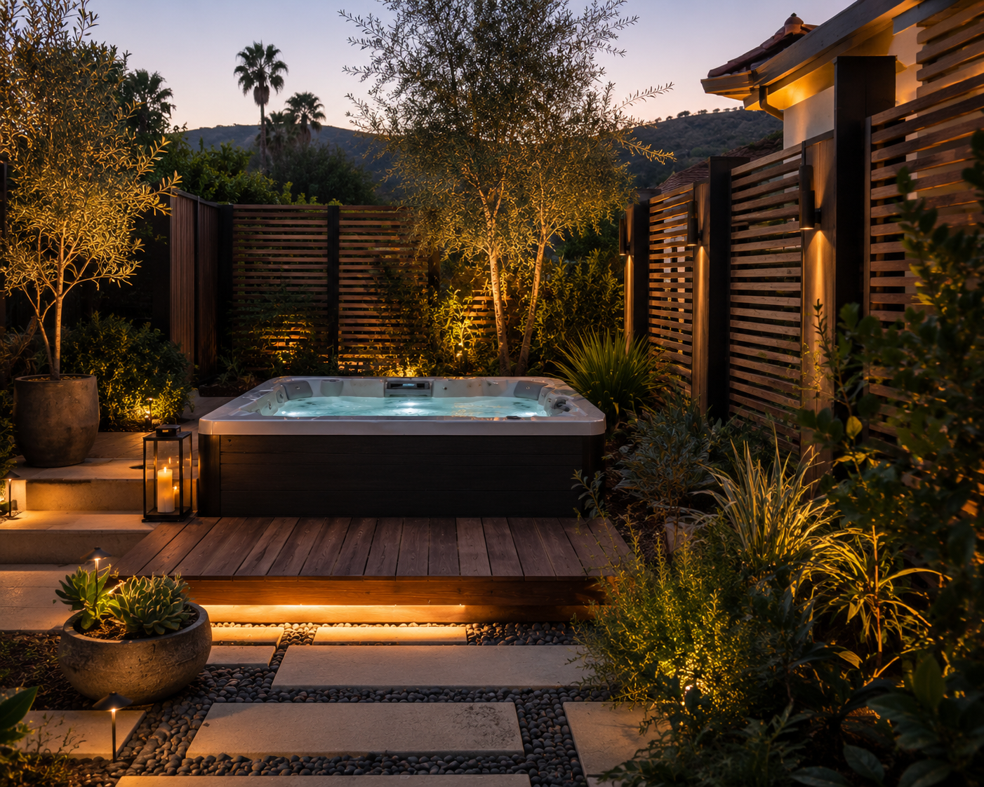 private los angeles backyard spa area with hot tub, wood privacy screens, soft landscape lighting, and evening garden setting