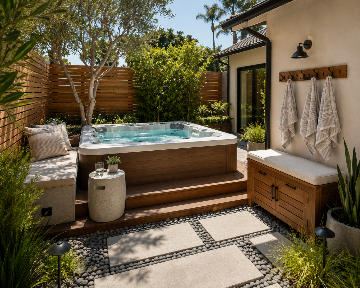 functional los angeles hot tub area with built-in seating, towel storage, privacy fencing, and landscaped outdoor design
