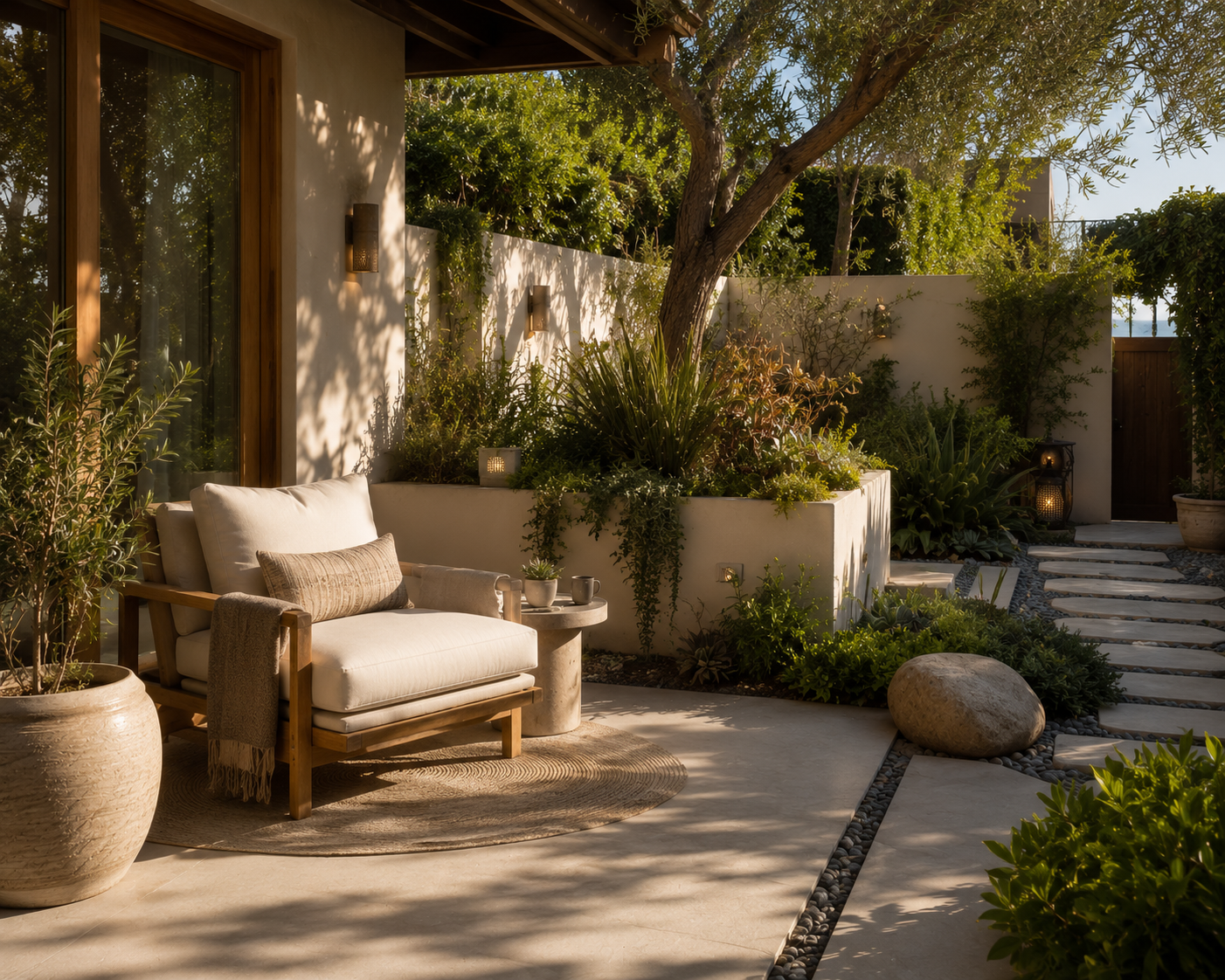 outdoor los angeles reading nook with cushioned wood armchair, stone side table, layered greenery, and dappled sunlight in a private garden patio