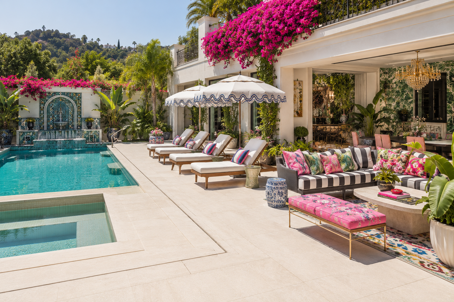 colorful los angeles luxury pool deck with patterned outdoor seating, tropical landscaping, lounge chairs, and a decorative tiled fountain beside a resort-style pool