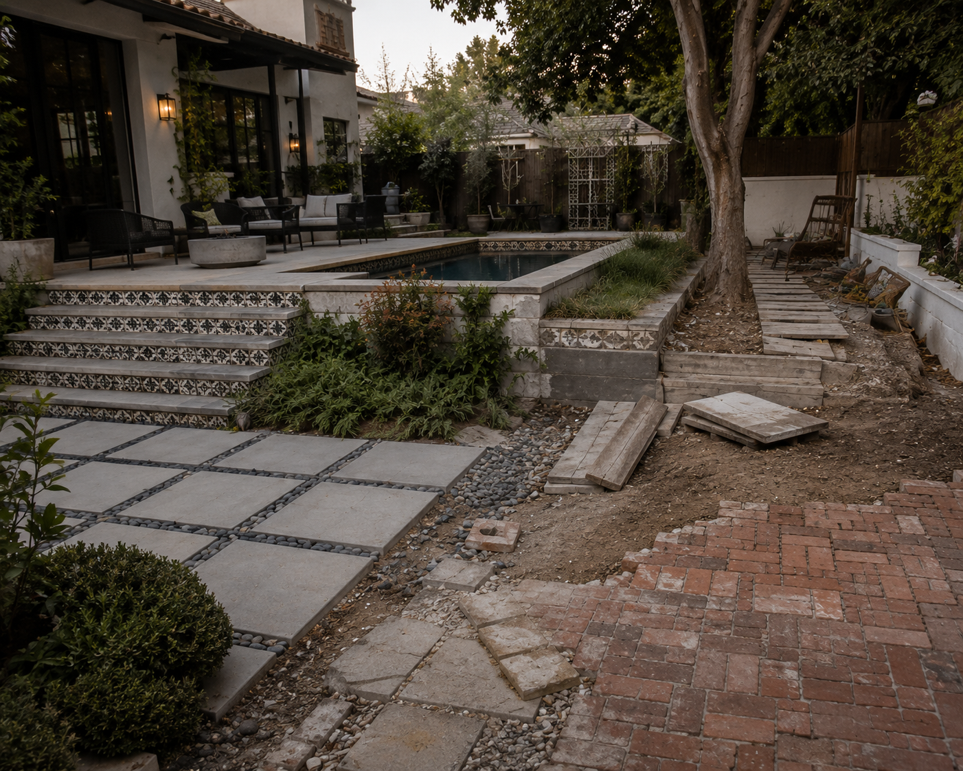 los angeles backyard redesign in progress with mismatched paving, unfinished hardscape, pool area, and scattered construction materials