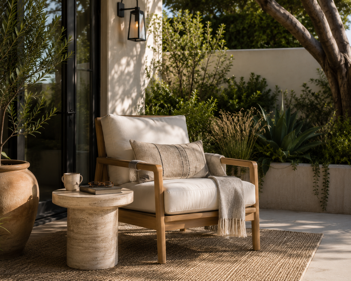 cozy los angeles outdoor reading chair with neutral cushions, stone side table, potted plants, and shaded garden landscaping