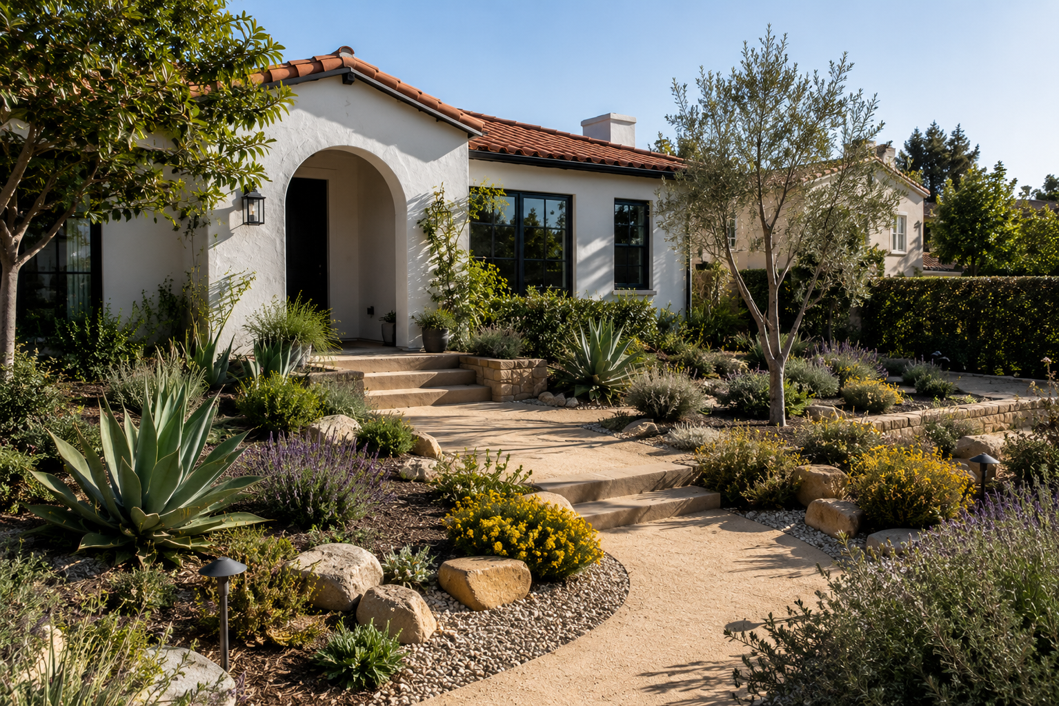Los Angeles Mediterranean-style front yard with drought-tolerant planting, natural stone pathways, agaves, and layered garden textures
