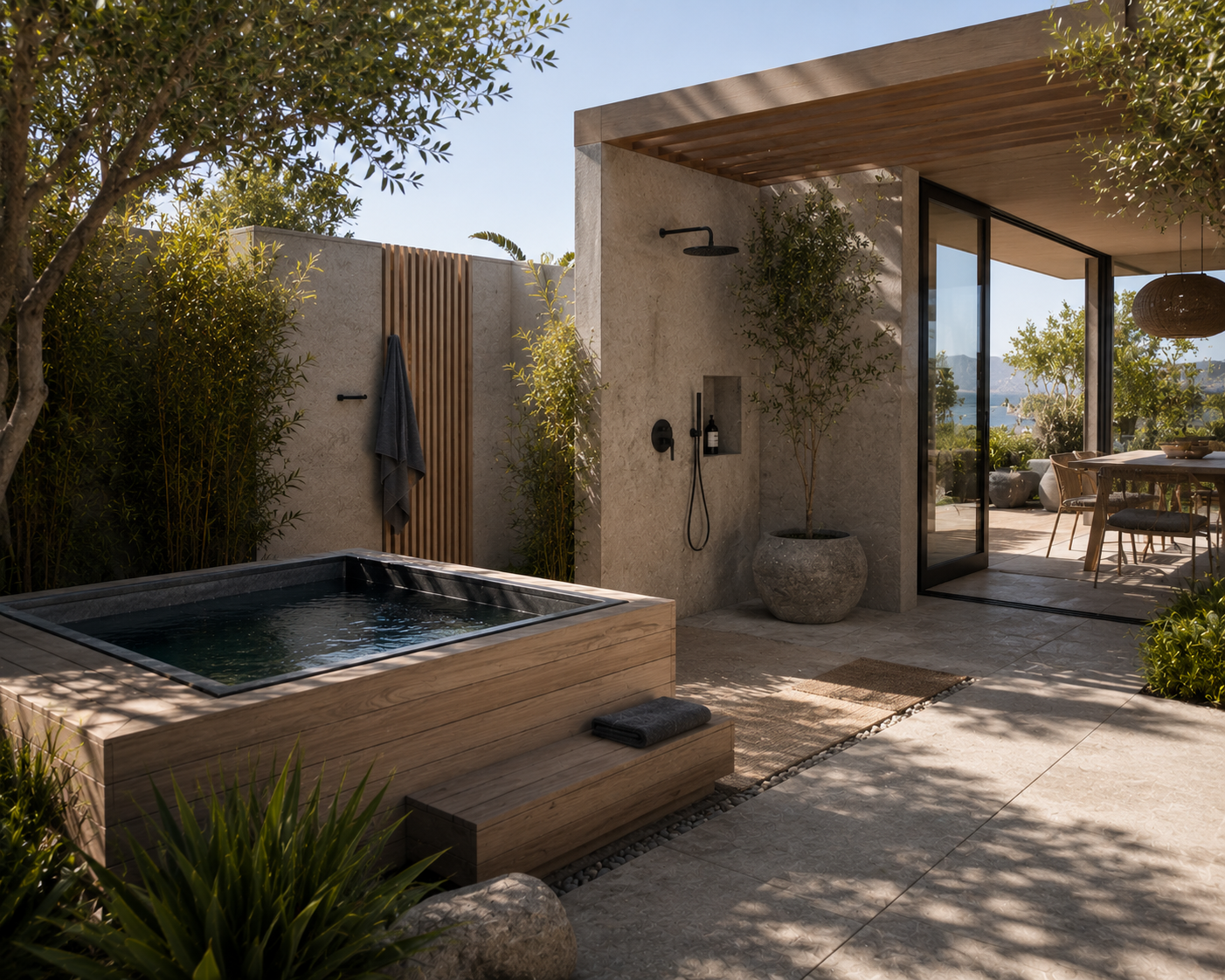 luxury los angeles outdoor cold plunge and wellness courtyard with natural stone finishes, outdoor shower, and layered greenery