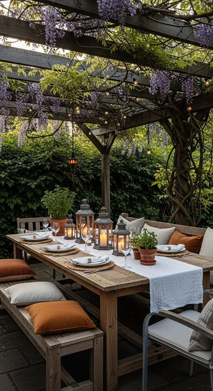 shaded outdoor pergola for dining and lounging