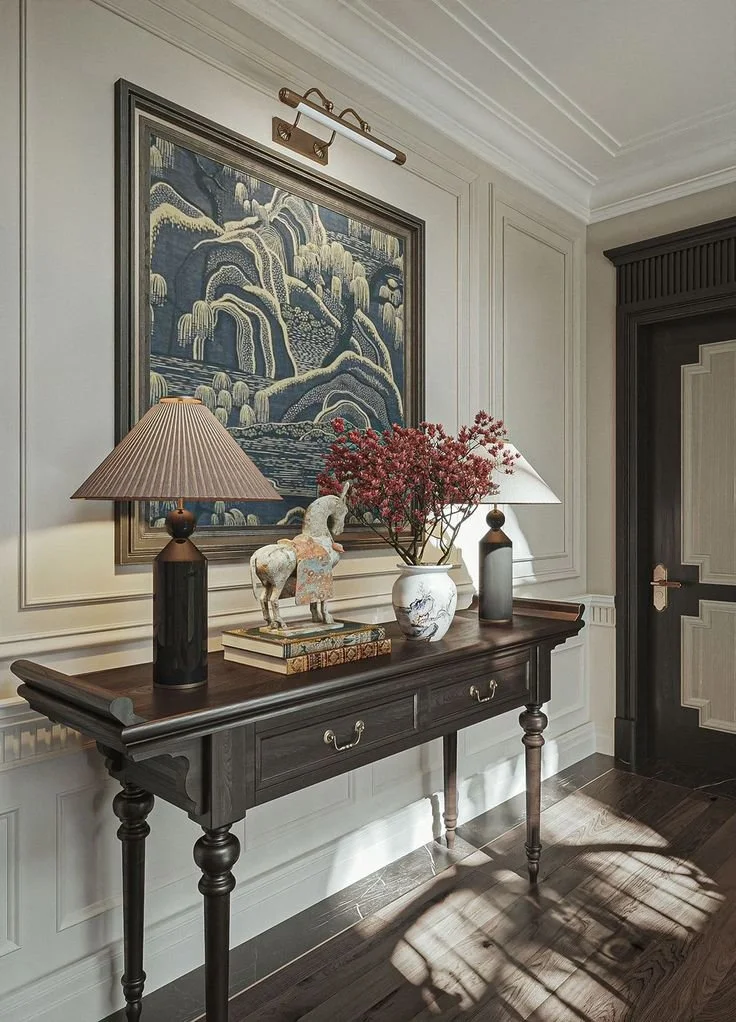 Console and artwork placement for luxury living room designs