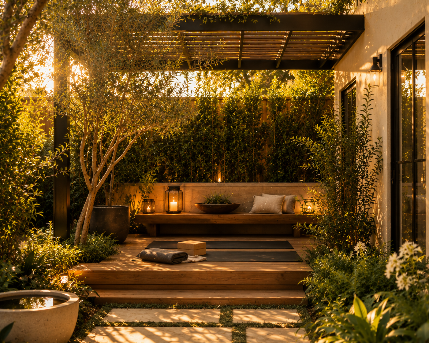 shaded los angeles backyard yoga deck with built-in bench seating, soft landscape lighting, and layered greenery for privacy