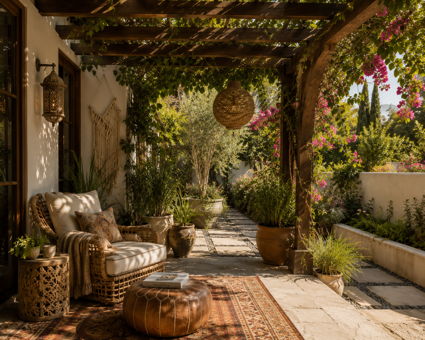 bohemian los angeles outdoor reading patio with rattan seating, wood pergola, hanging lantern, patterned rug, and lush flowering garden views