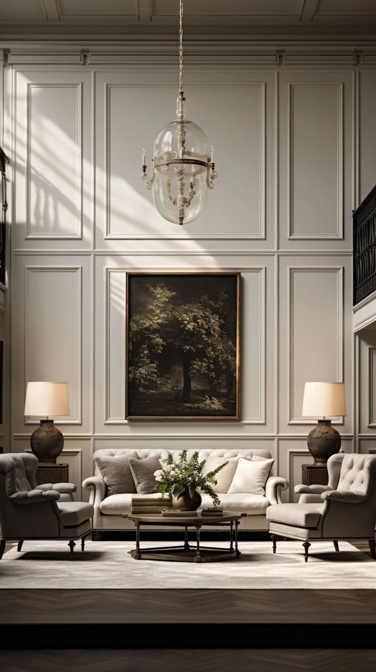 Wall panelling inspo for blank wall in modern living room designs