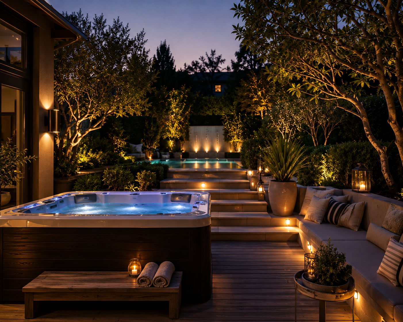 evening los angeles backyard hot tub space with layered landscape lighting, built-in lounge seating, and illuminated garden views