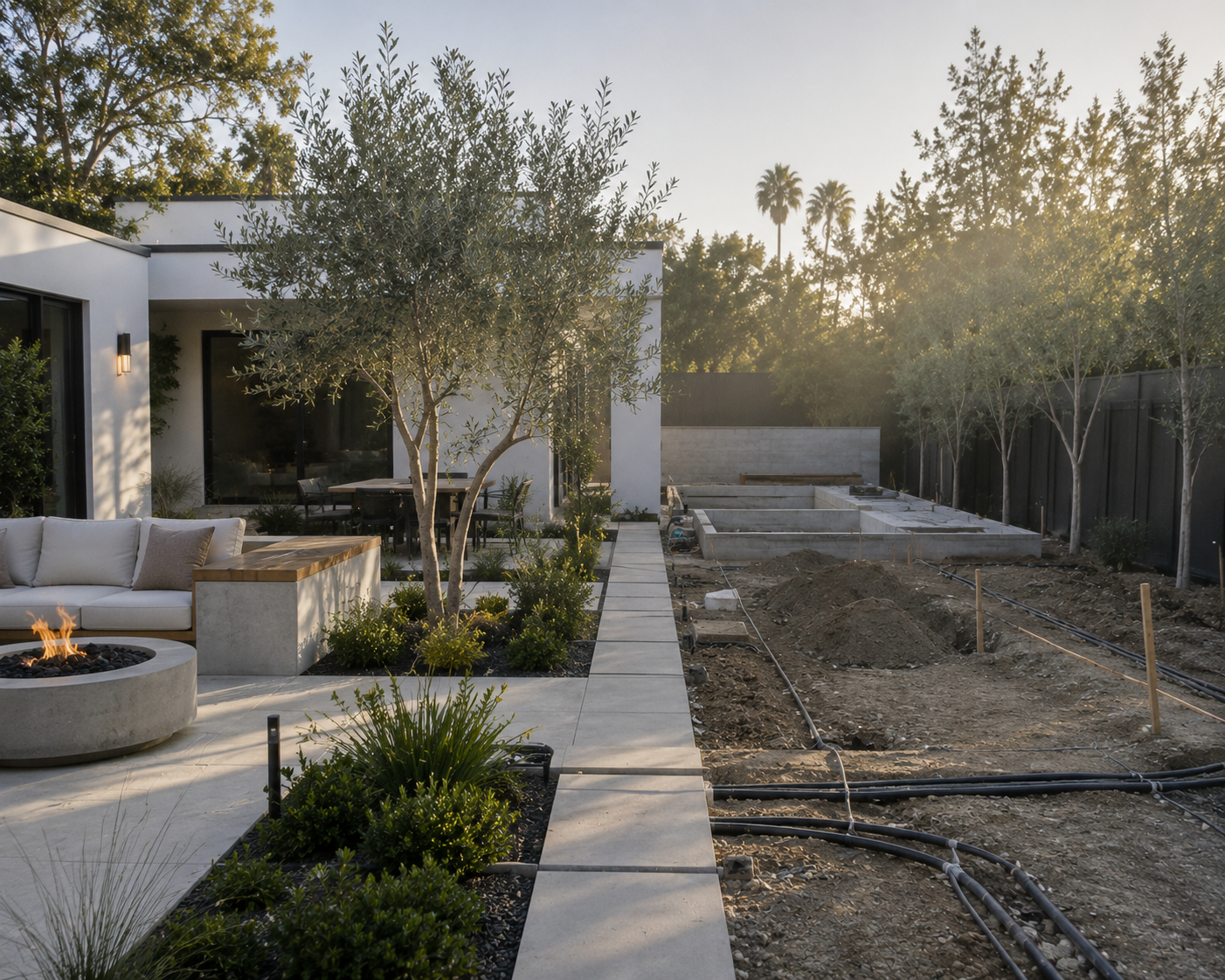los angeles partially completed backyard redesign with finished outdoor seating and landscaping beside an active construction area