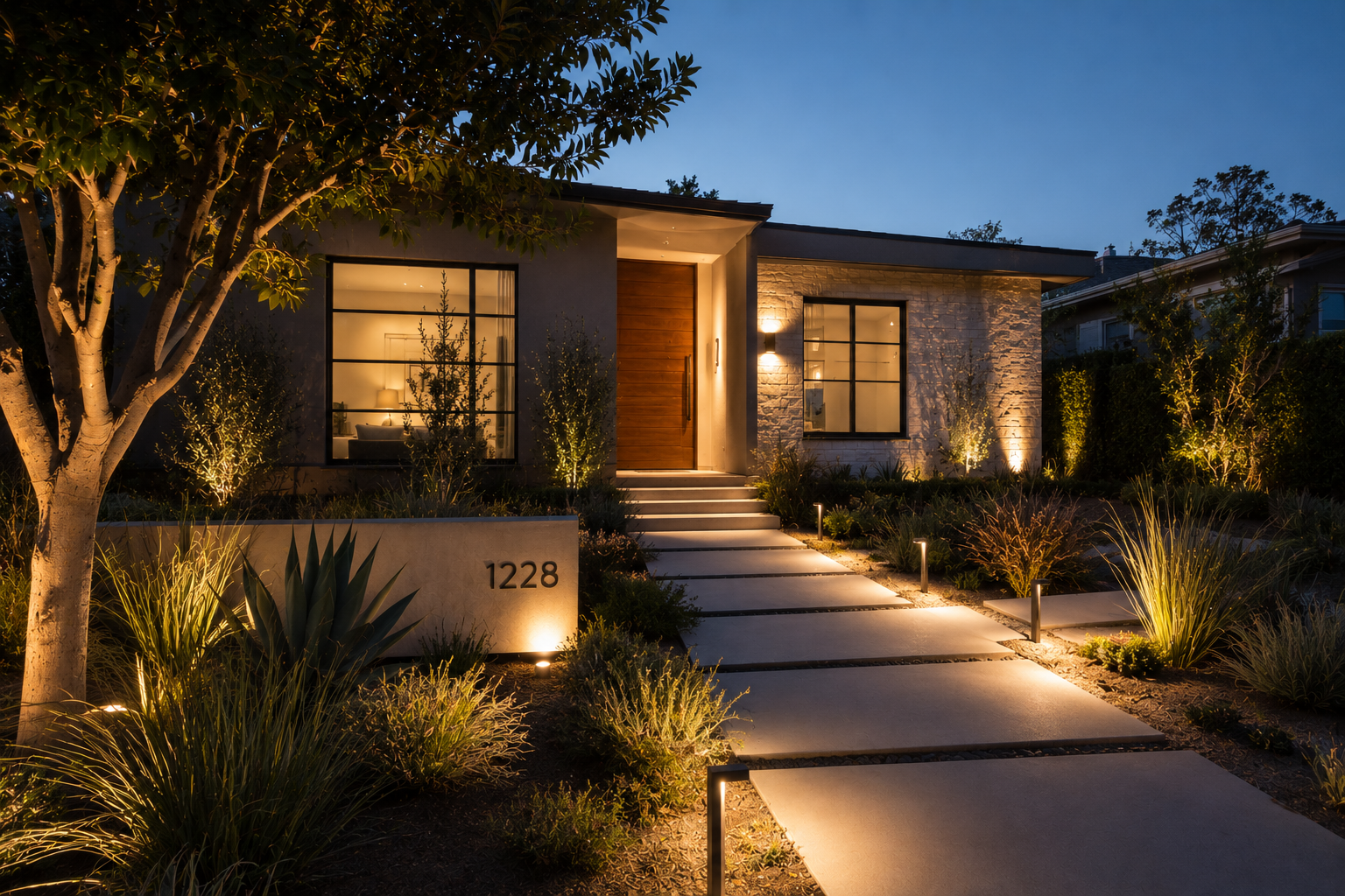 Los Angeles front yard landscape lighting design with illuminated pathways, architectural lighting, and layered planting at dusk