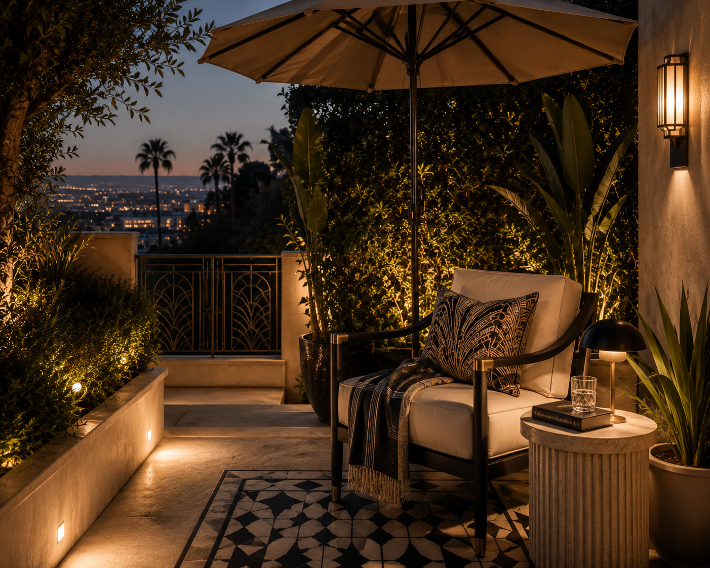 los angeles evening outdoor reading nook with umbrella shade, lounge chair, warm garden lighting, and city views from a private terrace