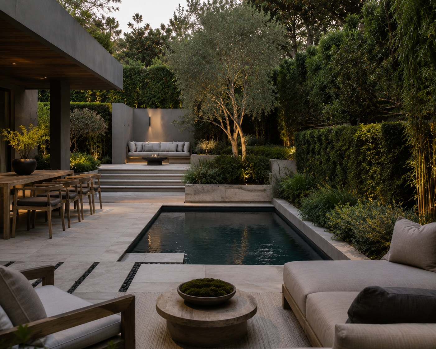 Private Los Angeles backyard retreat with layered greenery, architectural planting, landscape lighting, and a modern pool design