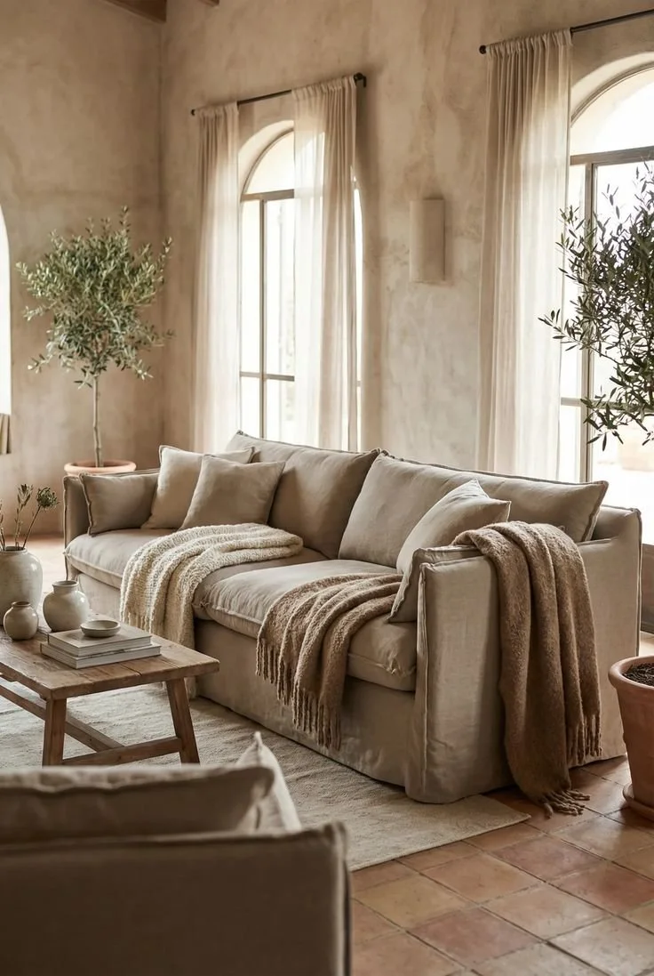linen sofa solid wood furniture modern Mediterranean living room natural tones