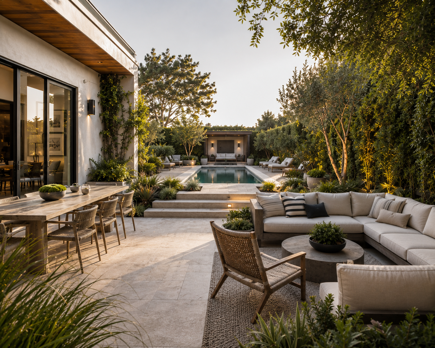Luxury Los Angeles backyard with defined outdoor living zones including dining, lounge seating, pool design, and layered garden planting
