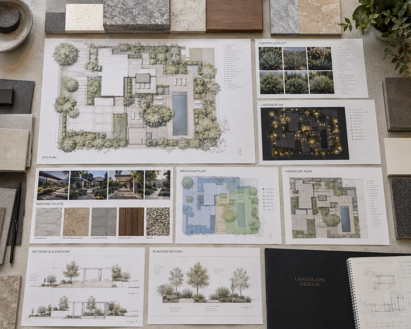 Los Angeles landscape master plan featuring site layouts, planting concepts, lighting plans, and material palette selections