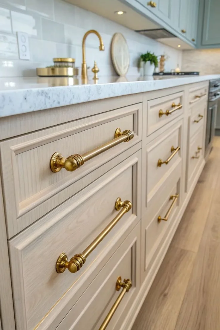 aged brass metal for coastal kitchen