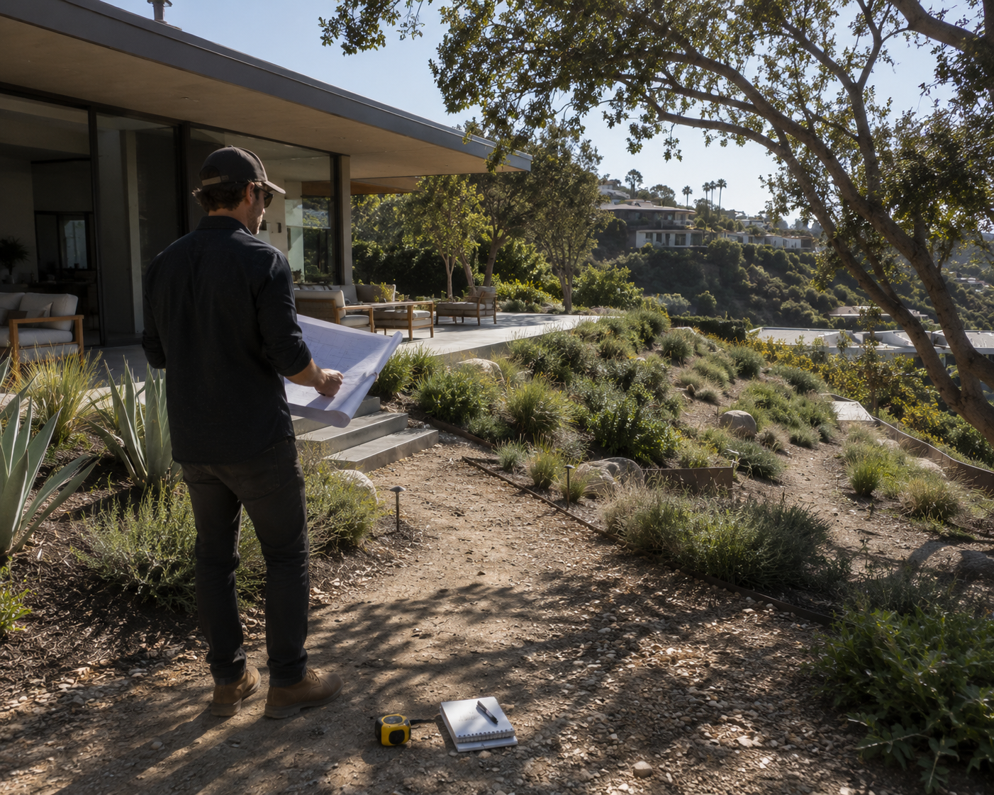 Los Angeles landscape designer conducting a hillside site visit with property plans for a custom backyard project