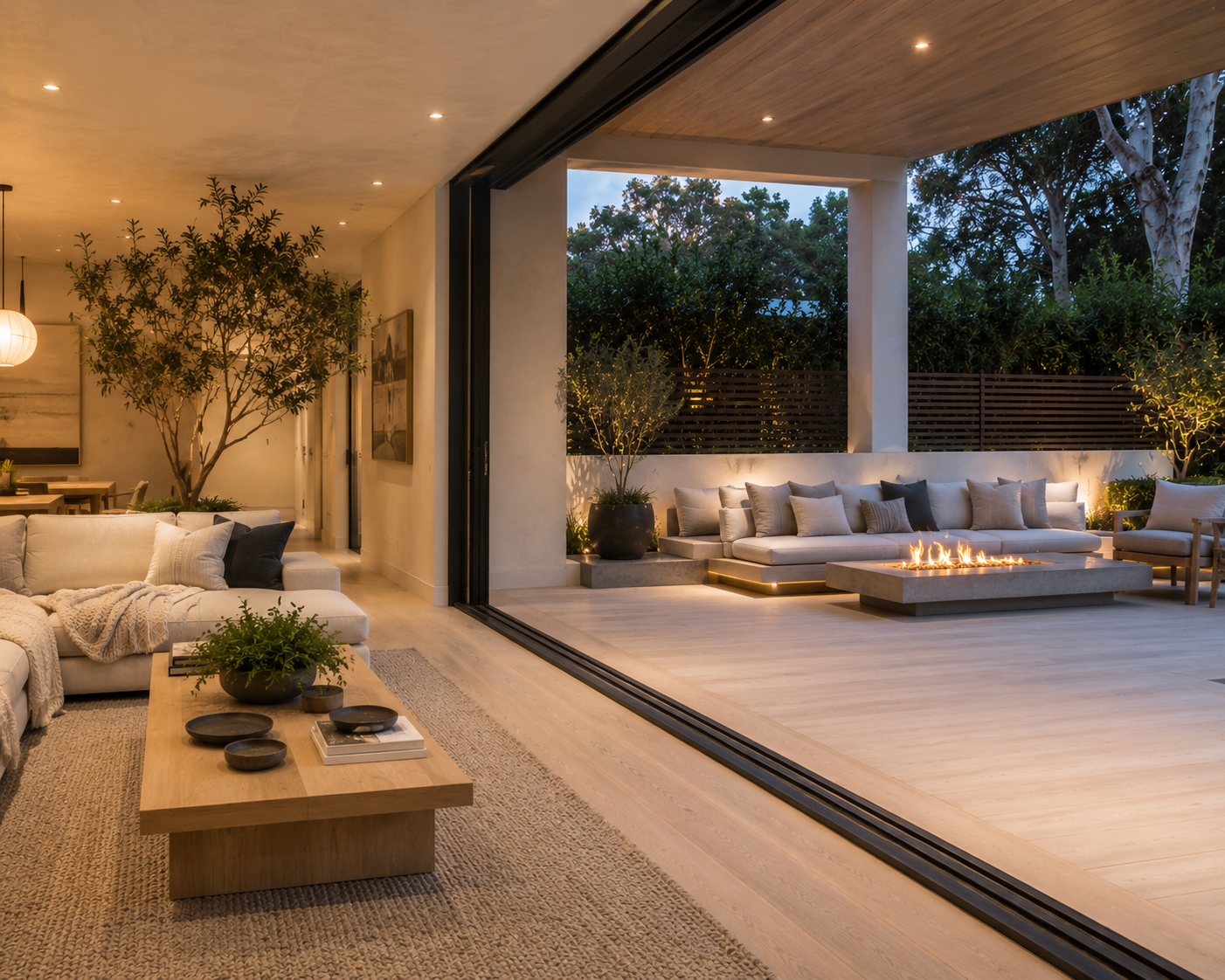 Los Angeles indoor-outdoor living space with retractable glass walls, outdoor lounge seating, fire feature, and connected backyard design