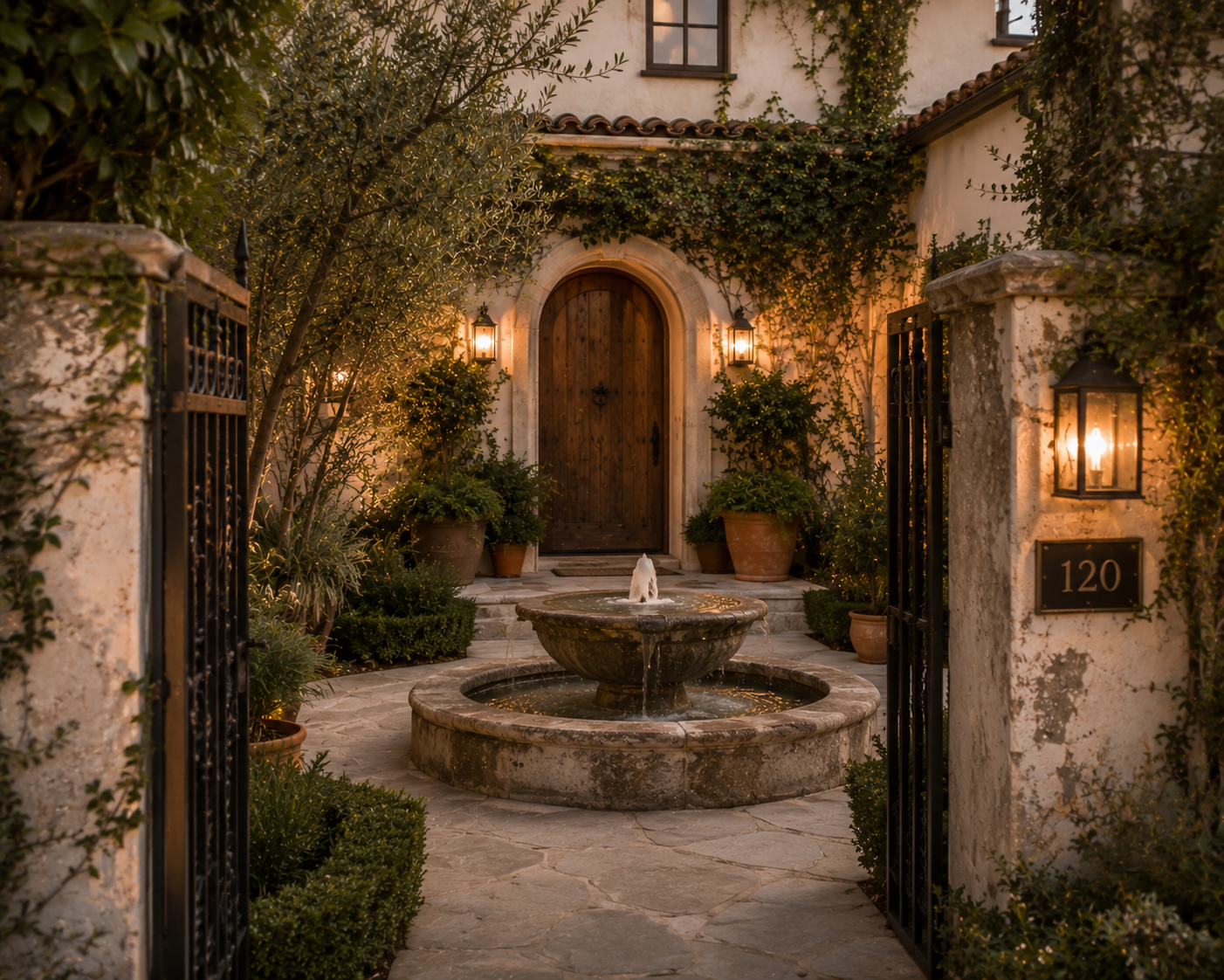 mediterranean los angeles courtyard entrance with a circular stone fountain, climbing greenery, wrought iron gates, and warm architectural lighting