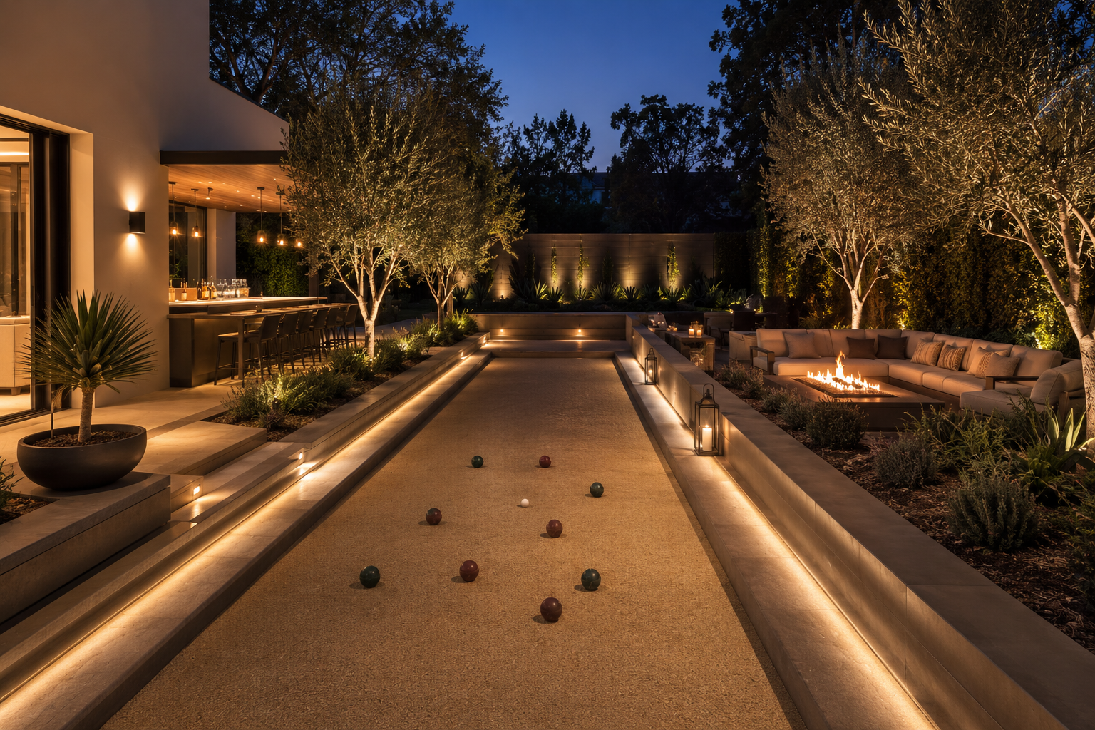 los angeles bocce court with surrounding lounge seating, mature trees, landscaped garden beds, and an outdoor living area designed for entertaining