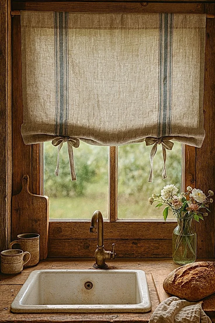 kitchen drapes linen in cozy log cabin