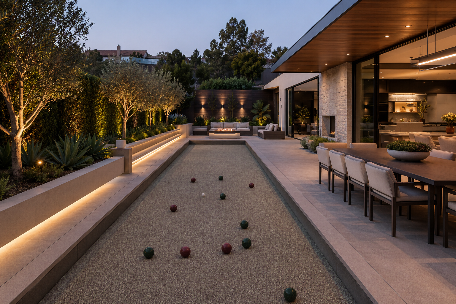 contemporary los angeles backyard bocce court at dusk with built-in lighting, outdoor dining space, fire pit seating, and modern landscape design
