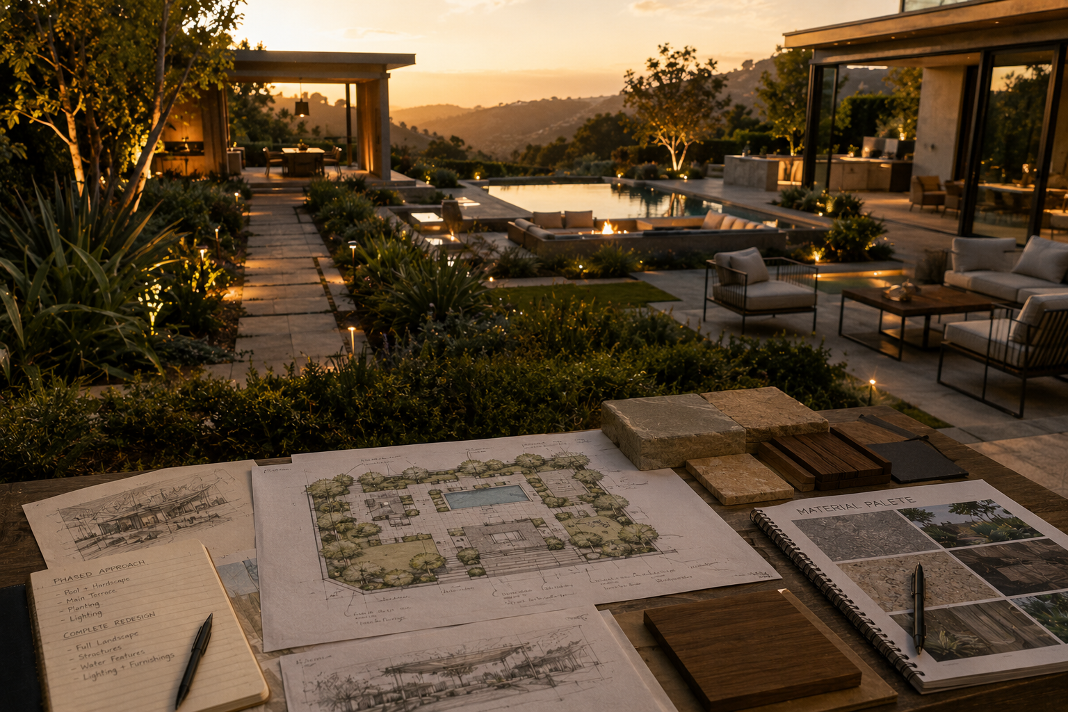 los angeles landscape design planning table with yard sketches, material samples, and a completed luxury backyard visible at sunset