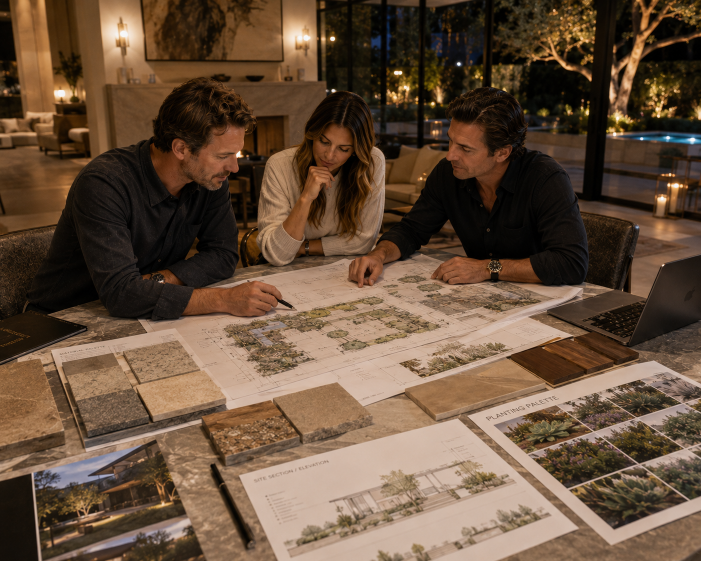Los Angeles homeowners and landscape designer reviewing final backyard plans, materials, and planting selections during an evening meeting