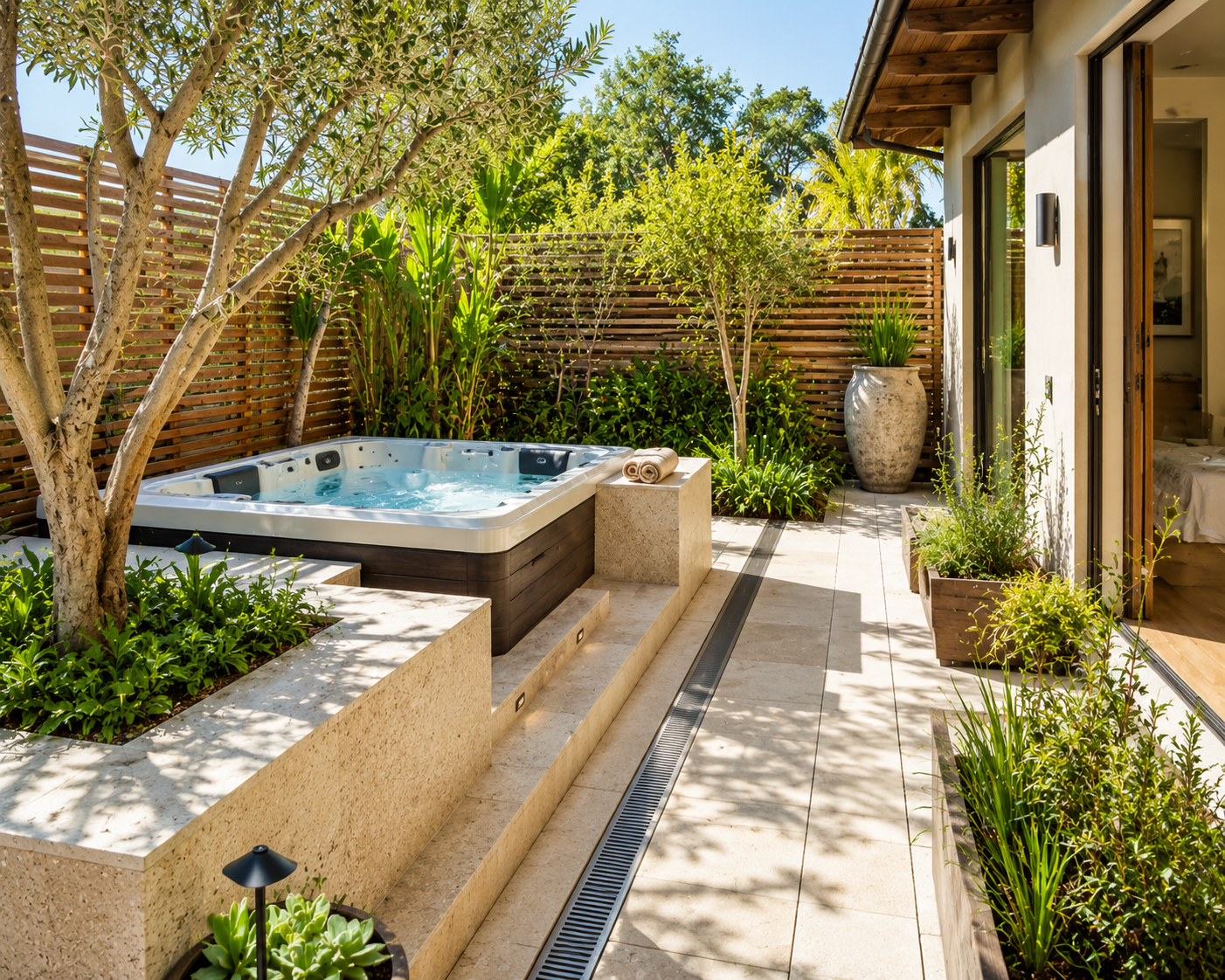contemporary los angeles hot tub courtyard with integrated planter beds, natural wood fencing, and surrounding greenery