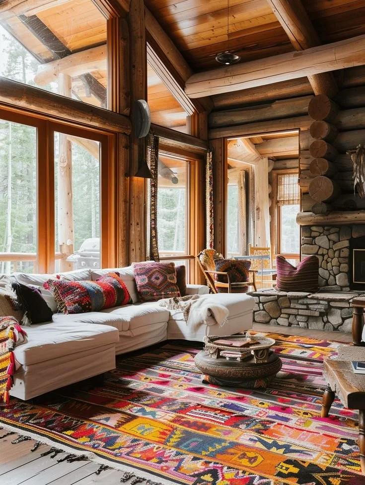 cute rug and textiles in log cabin