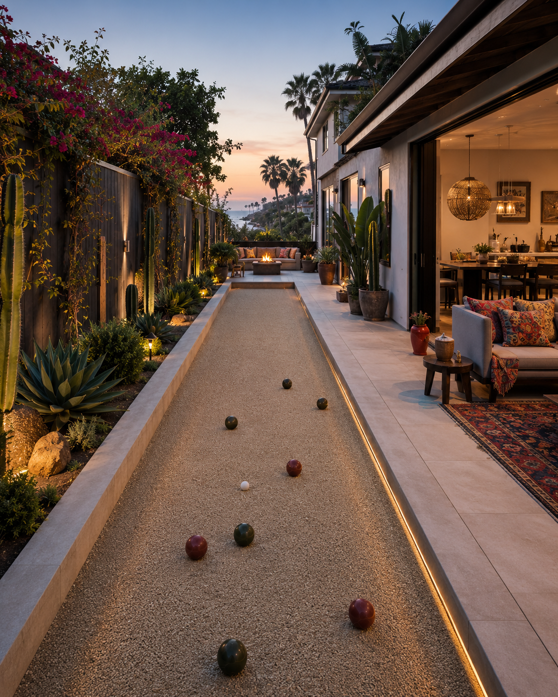 luxury los angeles backyard bocce court at sunset with integrated landscape lighting, desert planting, indoor-outdoor living space, and palm tree views