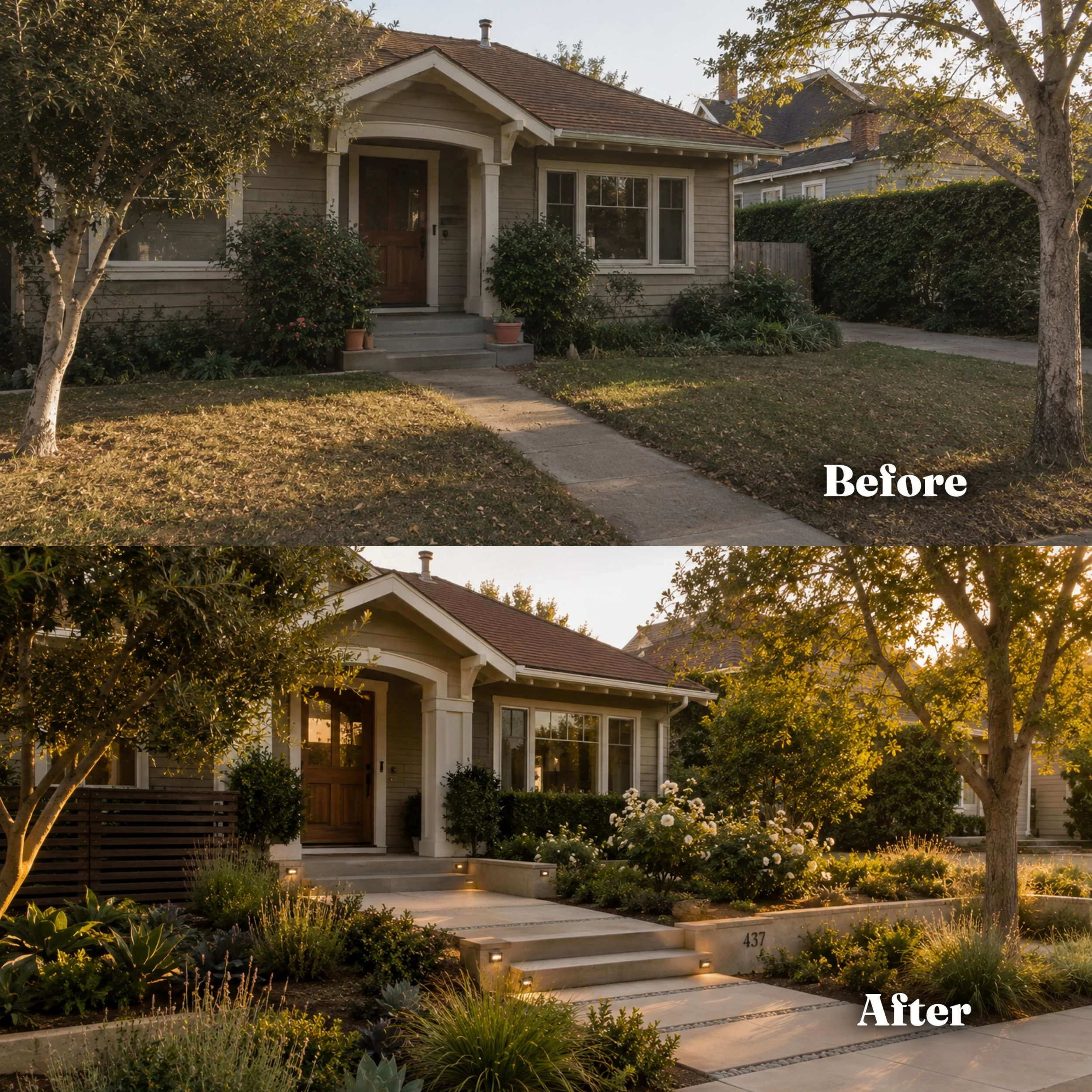 Los Angeles front yard before and after landscape transformation showing an older lawn replaced with layered planting, upgraded pathways, and modern curb appeal